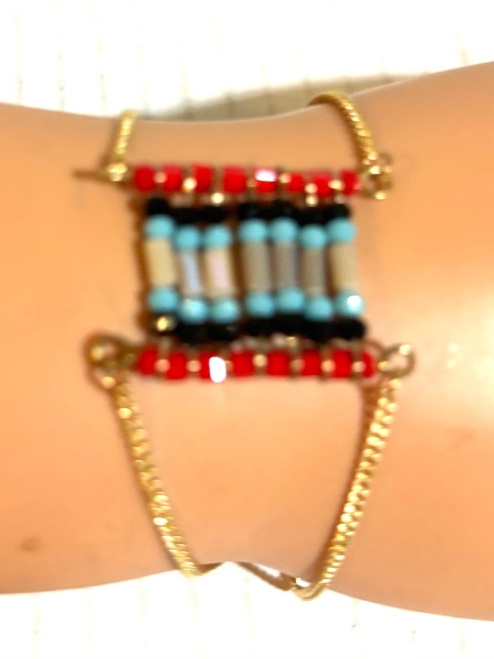 Gold Chain Multicolor Beaded Bracelet - Blue, Red, Black